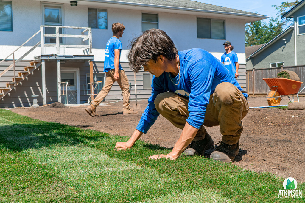 A field team working on a lawn installation