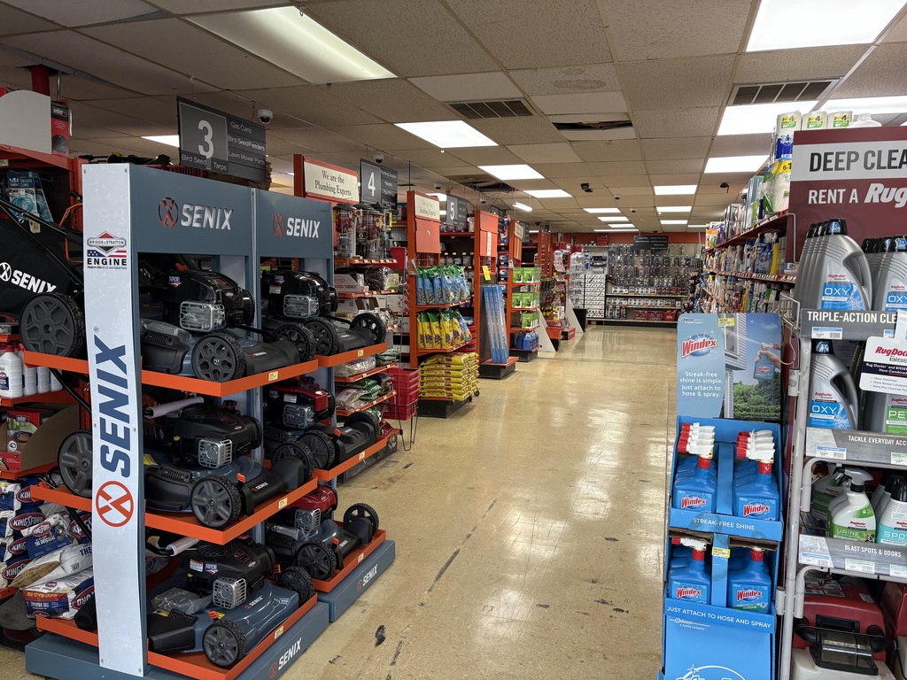Products on shelves inside a hardware store.