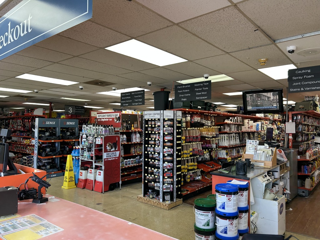 Products on shelves inside a hardware store.