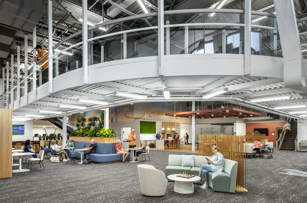 Center Infield- Where Members and Care Partners socialize within their community. 2nd floor walking track is open to everyone.